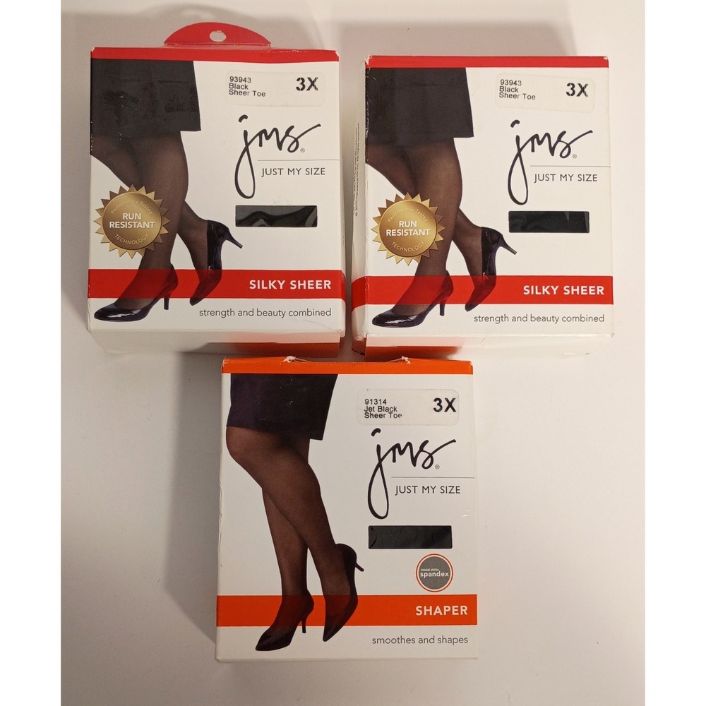 Lot 3 Just My Size JMS Silky Sheer, Shaper, Black Sheer Toe Sz 3X Pantyhose NOS